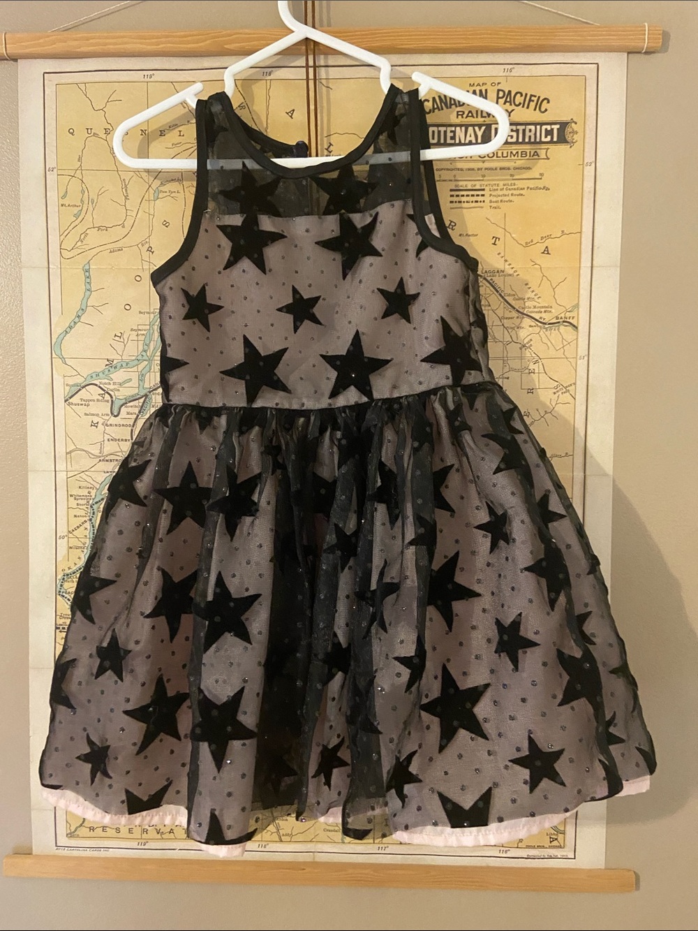 Flocked baby pink dress with black mesh glittery overlay